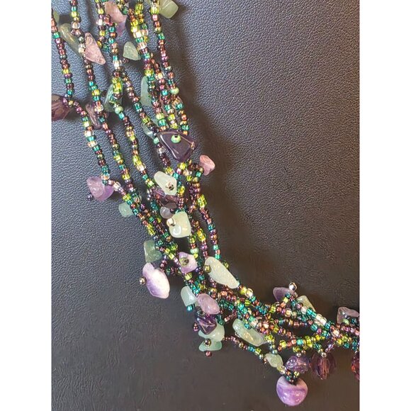 Fluorite & Amethyst Gemstone Multistrand Beaded Necklace w/ Magnetic Clasp - Picture 9 of 12